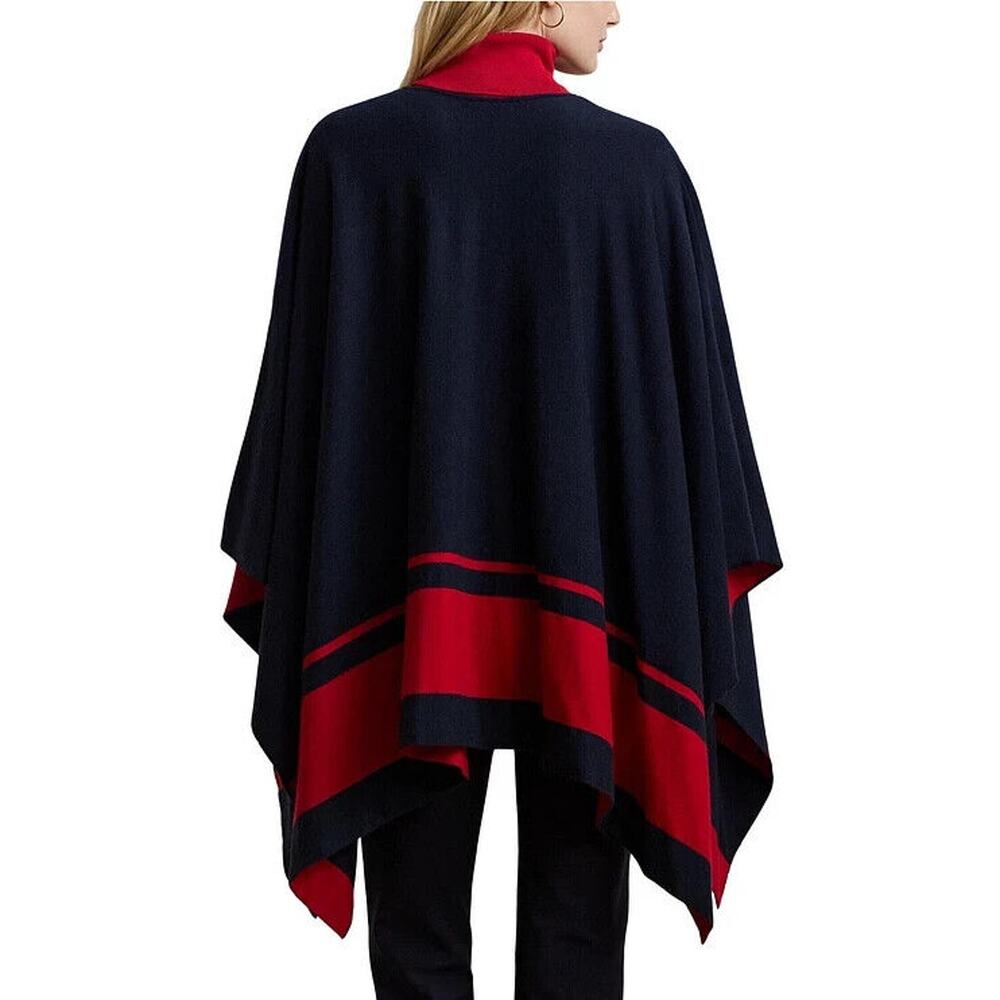 Lauren Ralph Lauren Intarsia Knit Two Tone Poncho Navy Blue Red Toggle Sz L/XL - Picture 10 of 16